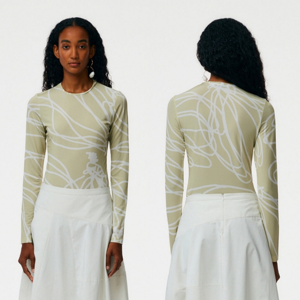 TIBI Tulipe All Over Jersey Fitted Long Sleeve T-Shirt In Light Clay M.